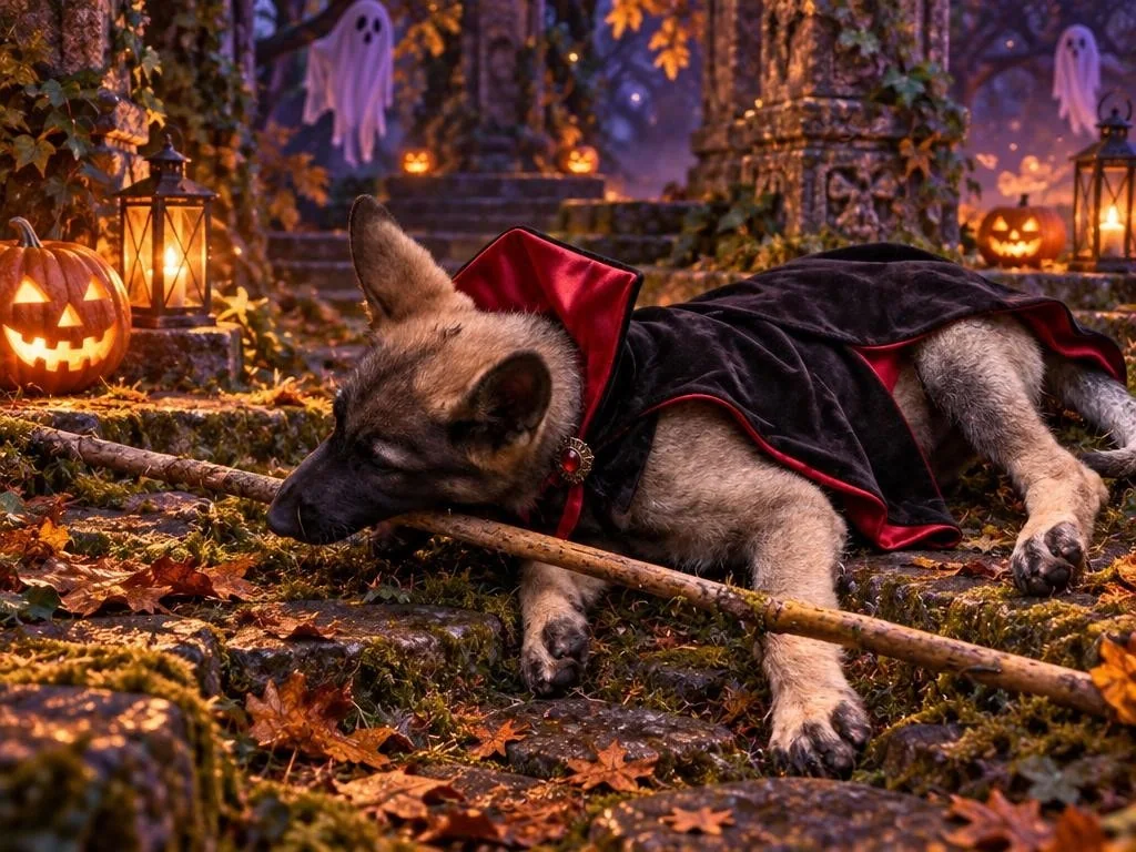 German Shepherd puppy wearing a vampire cape in a pumpkin-lit lost temple