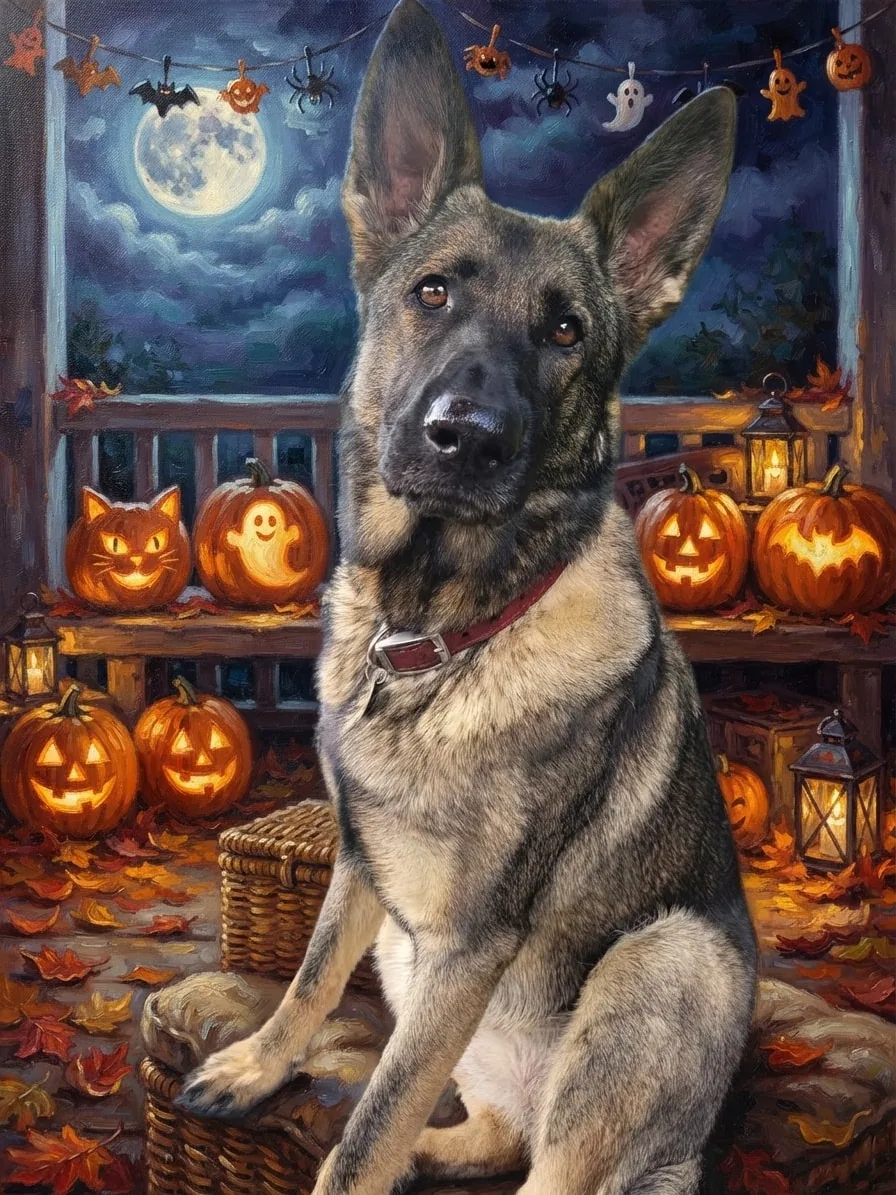 German Shepherd in an oil-painted Halloween setting with pumpkins and lanterns