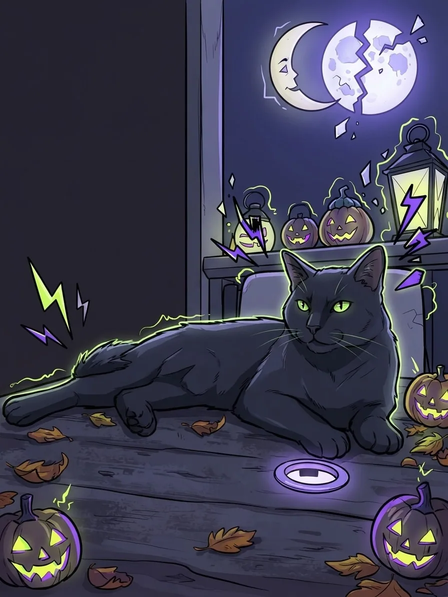 Black cat in a vivid paranormal neon Halloween scene