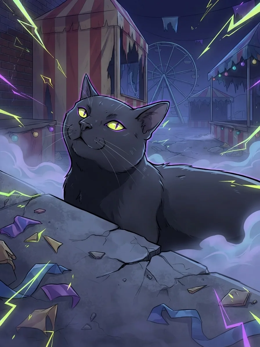 Black cat in a paranormal anime style inside an abandoned carnival