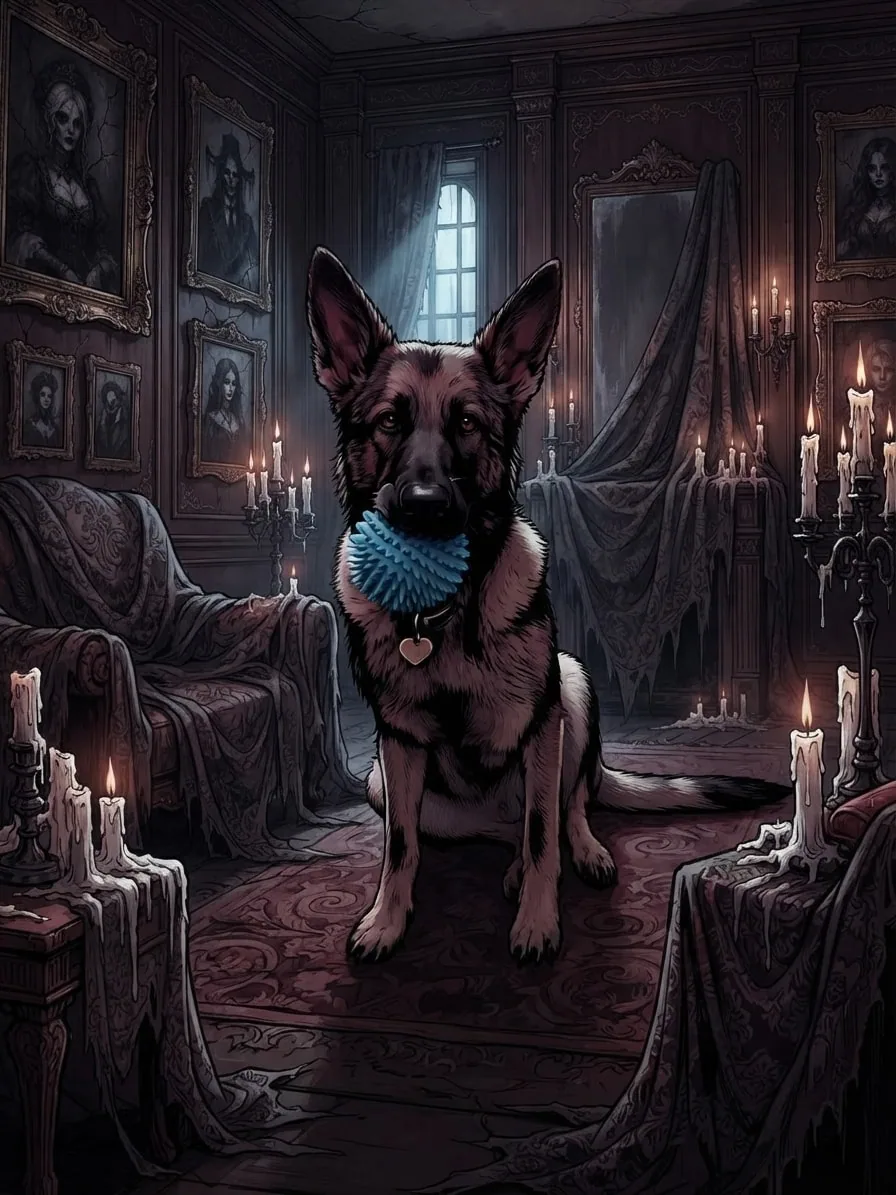 German Shepherd rendered in ornate gothic style inside a cursed portrait gallery