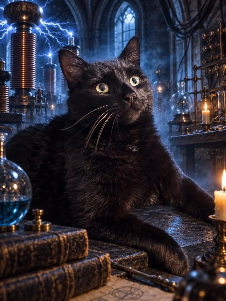 Black cat reclining in a moonlit gothic electric laboratory