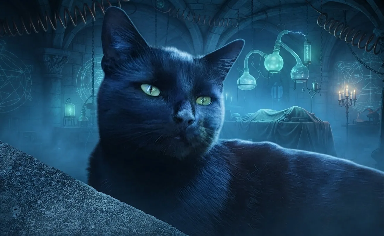 Black cat surrounded by moonlit fog inside a gothic electric laboratory