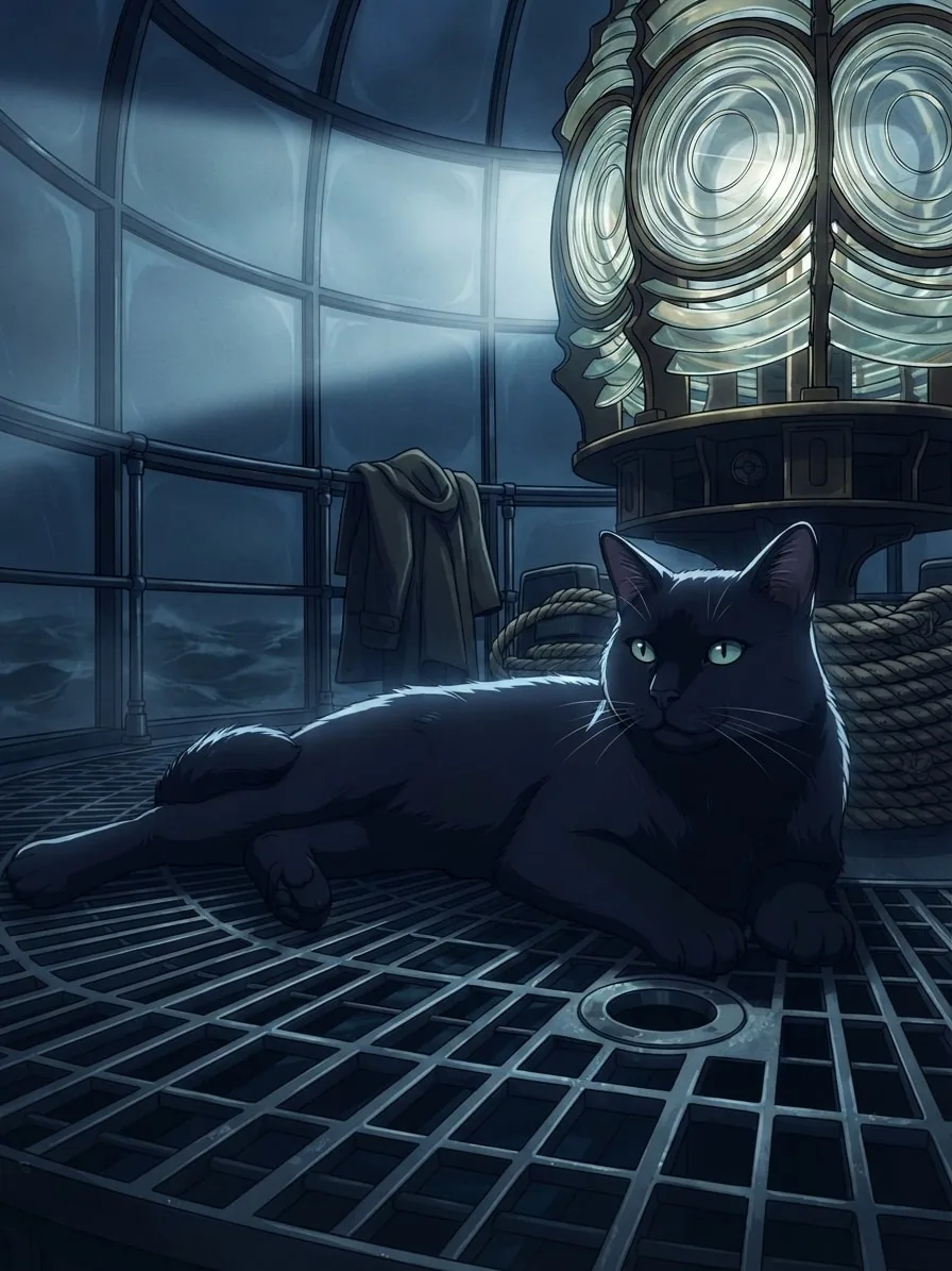 Black cat rendered in Midnight Phantom style inside a stormy lighthouse
