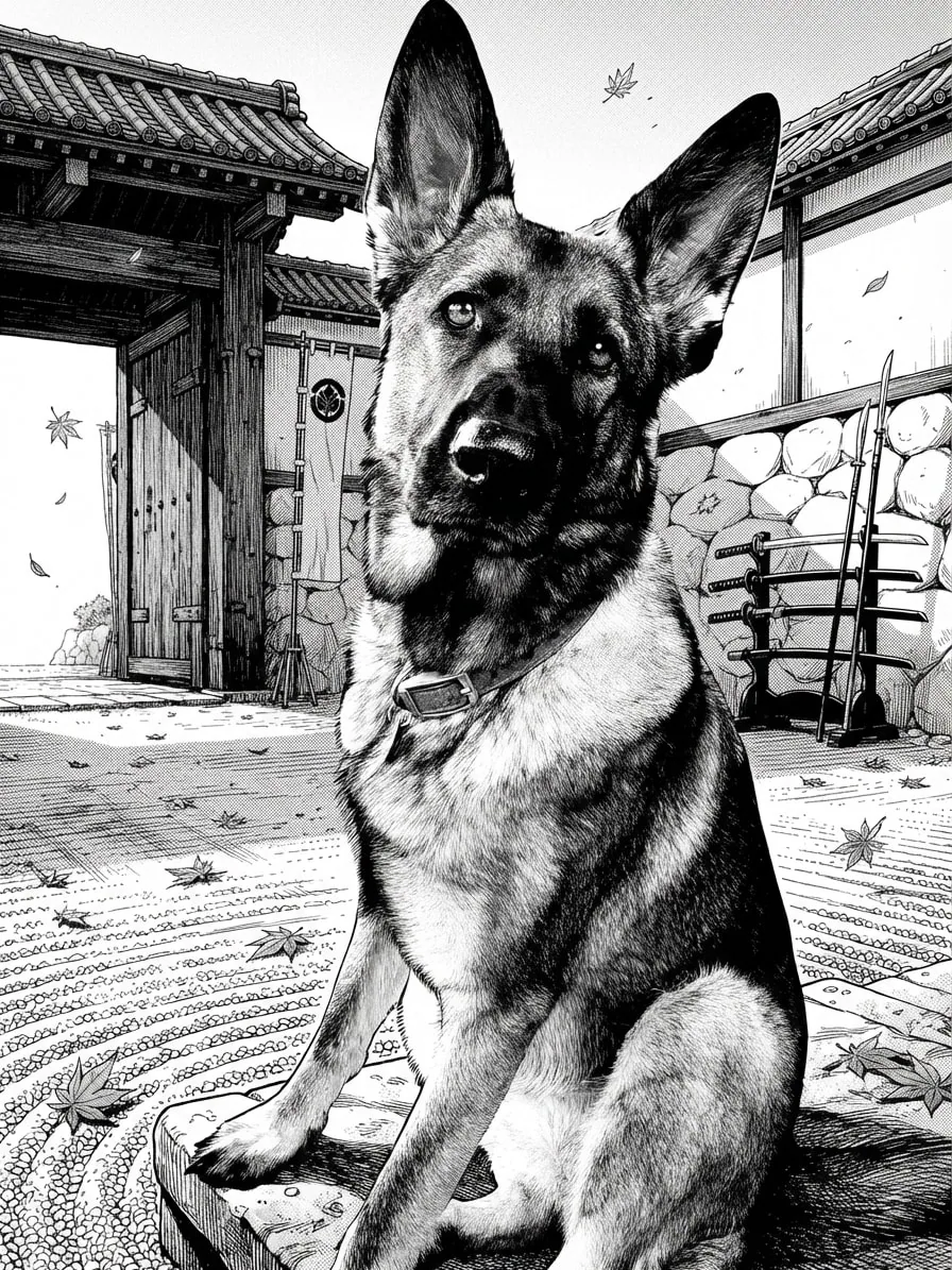 German Shepherd illustrated in black-and-white Manga ink inside a samurai castle courtyard