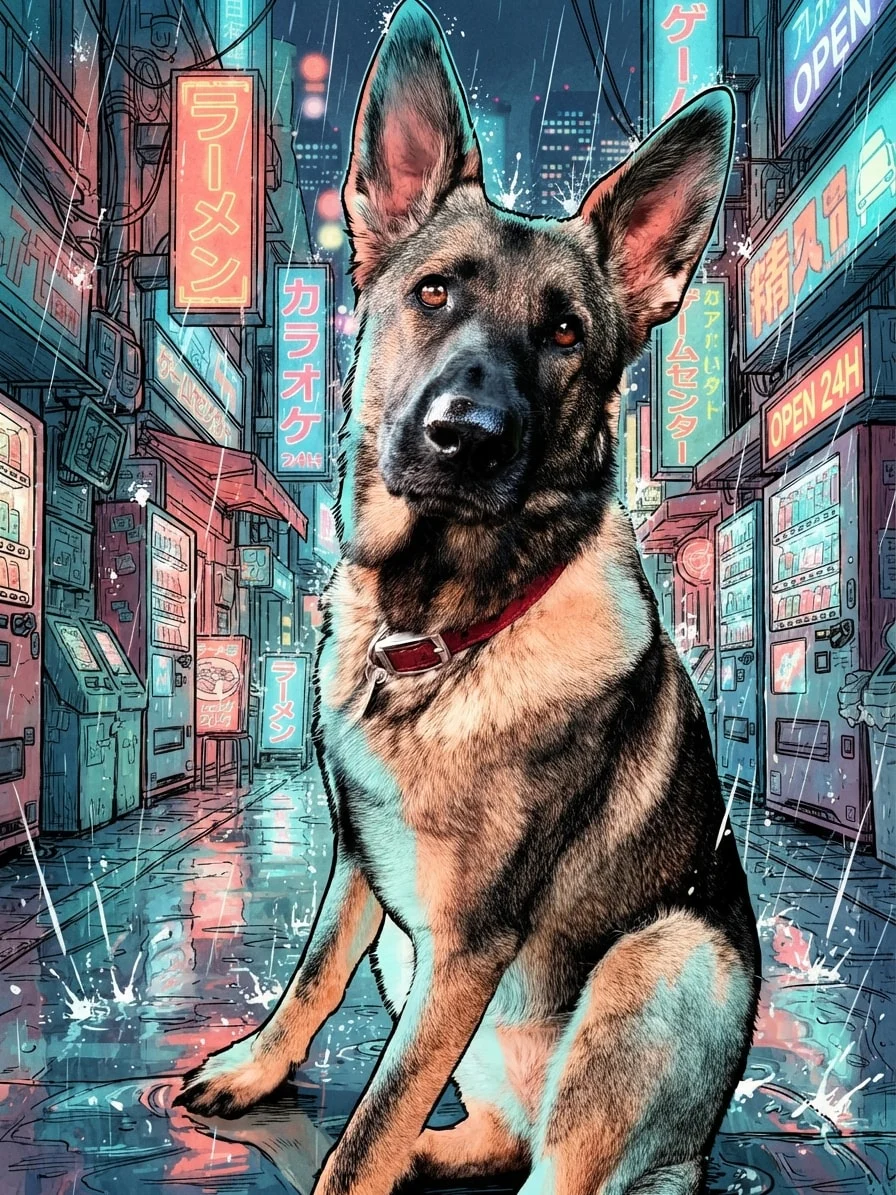German Shepherd illustrated in vivid colour manga style on a neon Tokyo street