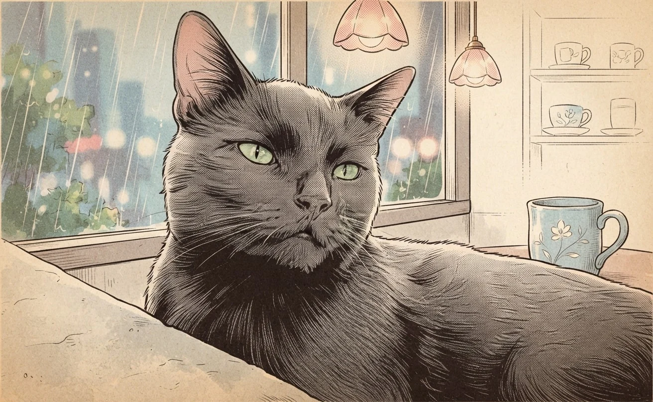 Black cat rendered as a vintage shōjo manga print beside a rainy cafe window