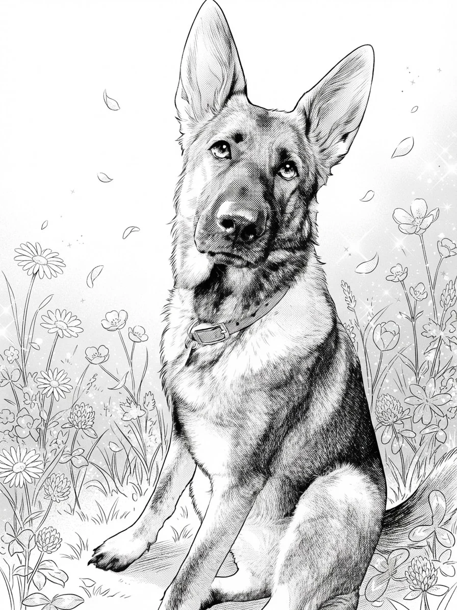 German Shepherd drawn in delicate shōjo manga ink in a spring meadow