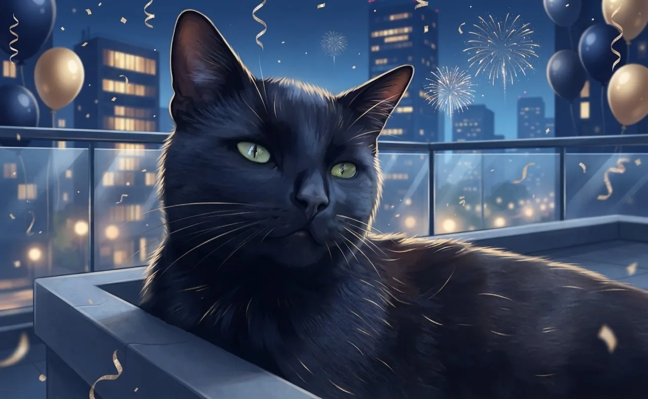 Black cat relaxing on a city rooftop at blue hour