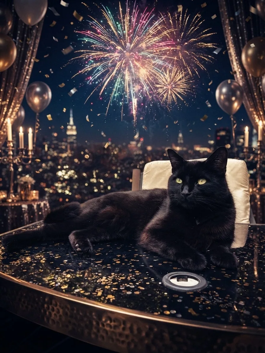 Black cat resting beneath cinematic New Year fireworks and gold confetti