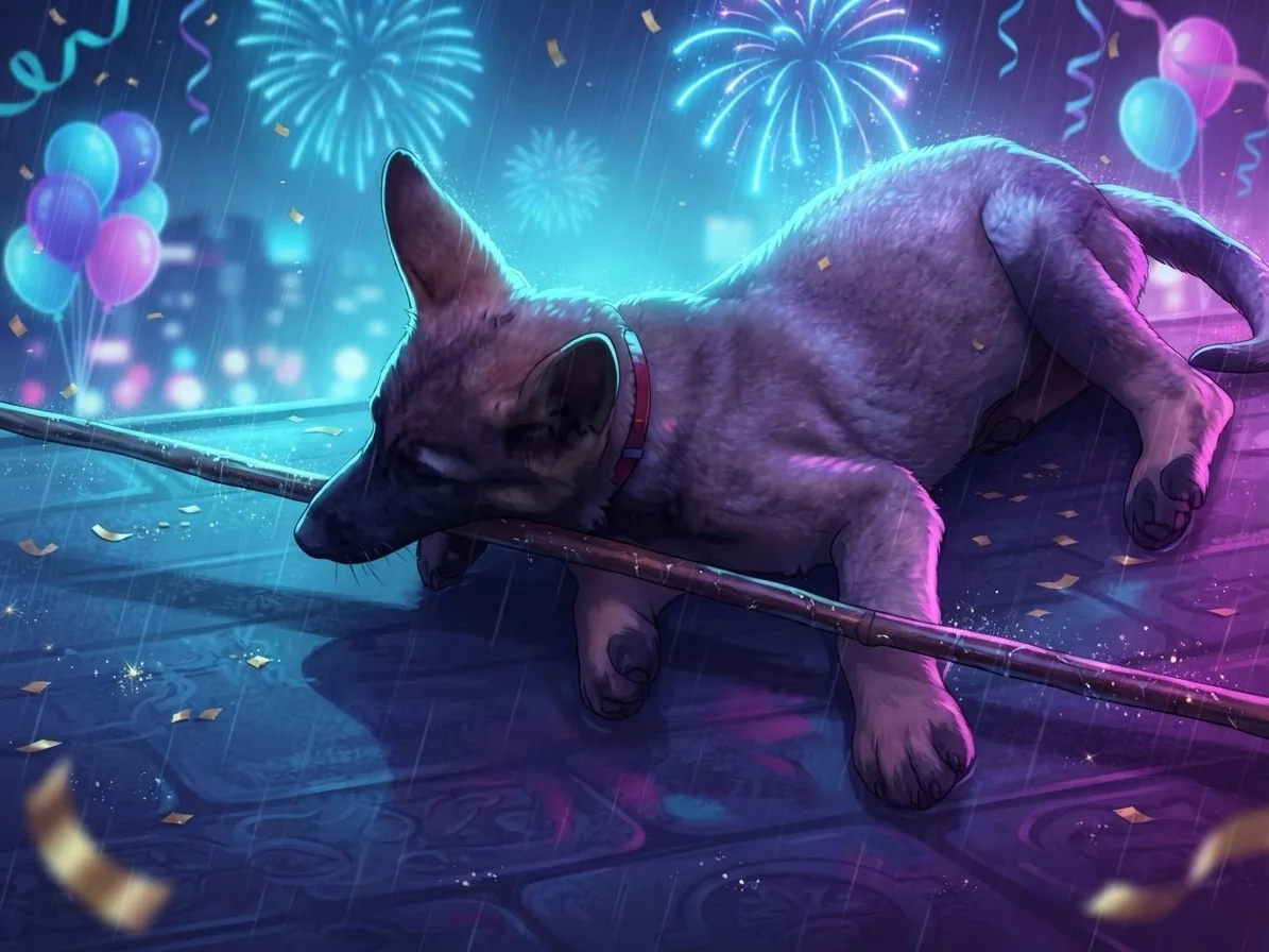Young German Shepherd in a neon city beneath colourful New Year fireworks