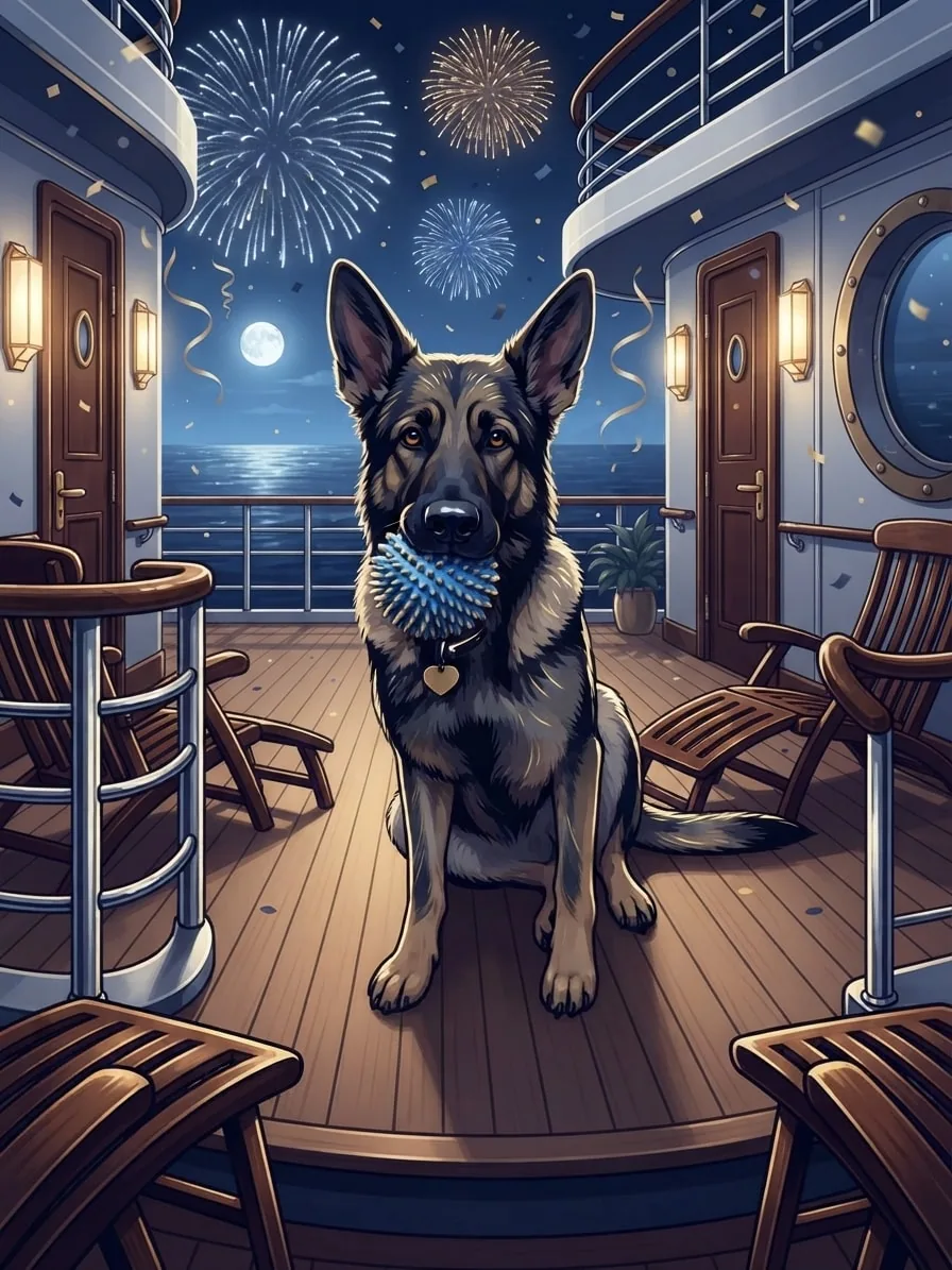 German Shepherd on a moonlit Art Deco ocean liner deck