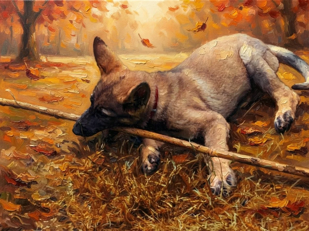 Young German Shepherd with a stick painted in oils among golden autumn leaves