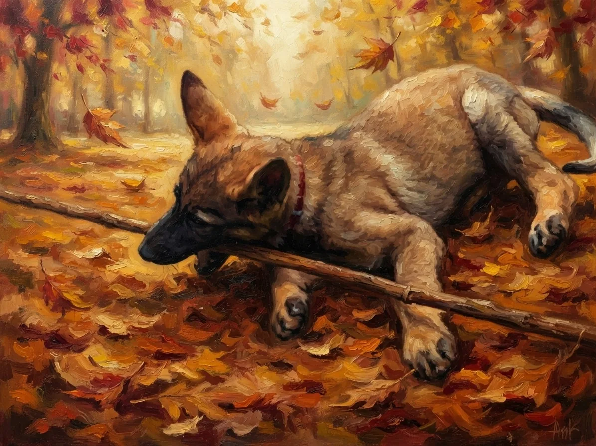 Young German Shepherd with a stick painted in oils among golden autumn leaves