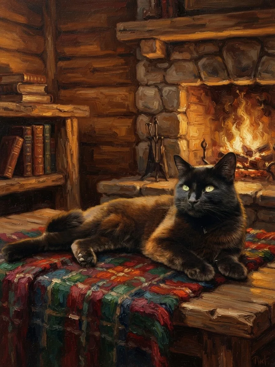 Black cat painted in oils while reclining beside a glowing stone fireplace