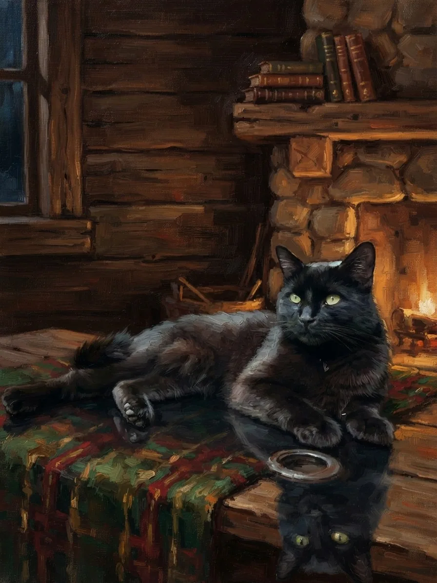 Black cat painted in oils while reclining beside a glowing stone fireplace
