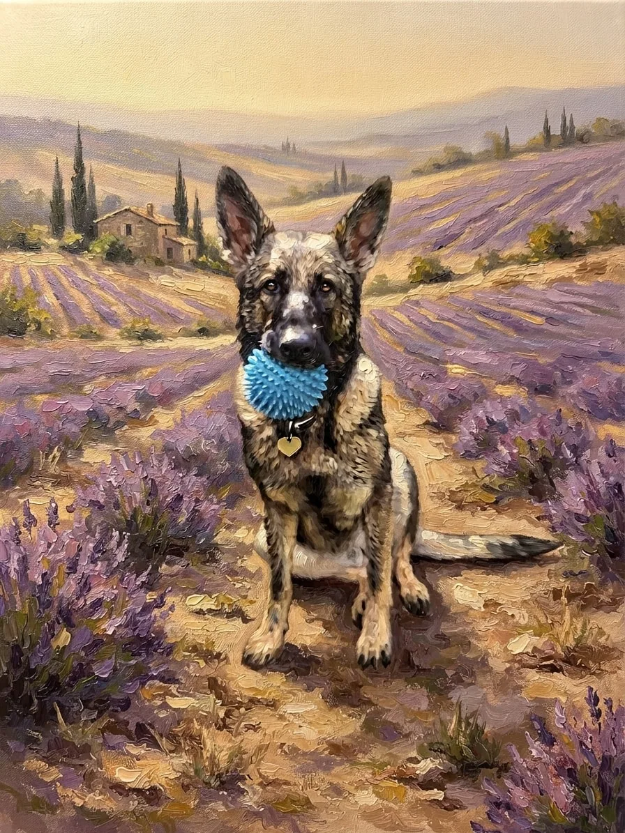 German Shepherd holding a blue ball in an oil-painted lavender countryside