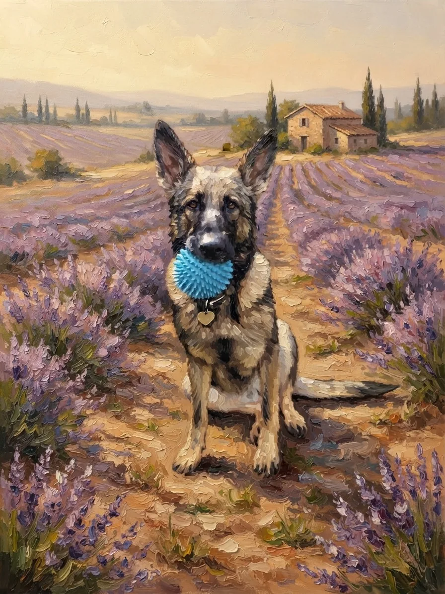 German Shepherd holding a blue ball in an oil-painted lavender countryside