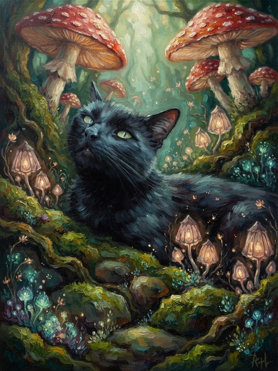 Black cat painted in oils among glowing mushrooms in a hidden woodland grotto