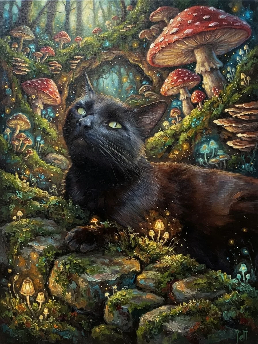 Black cat painted in oils among glowing mushrooms in a hidden woodland grotto