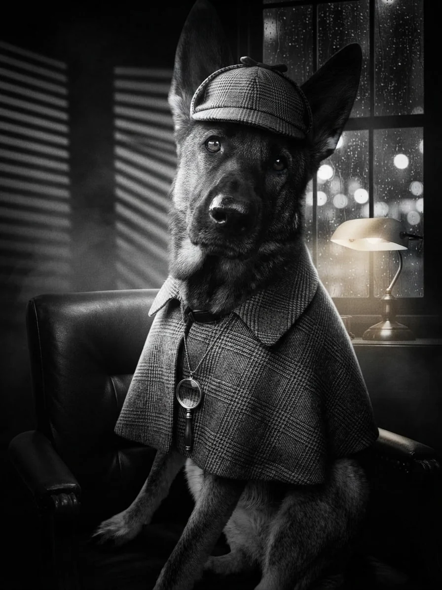 German Shepherd wearing a plaid detective coat in a black-and-white office