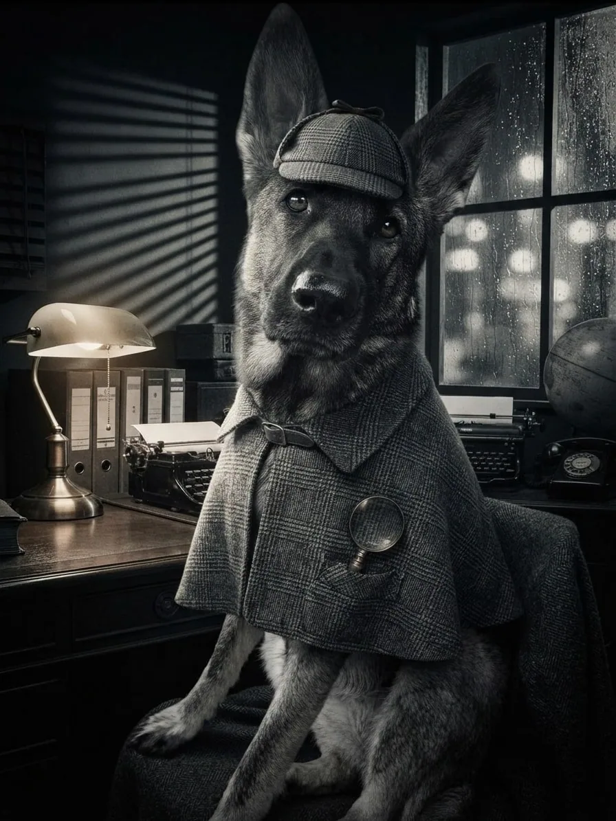 German Shepherd wearing a plaid detective coat in a black-and-white office