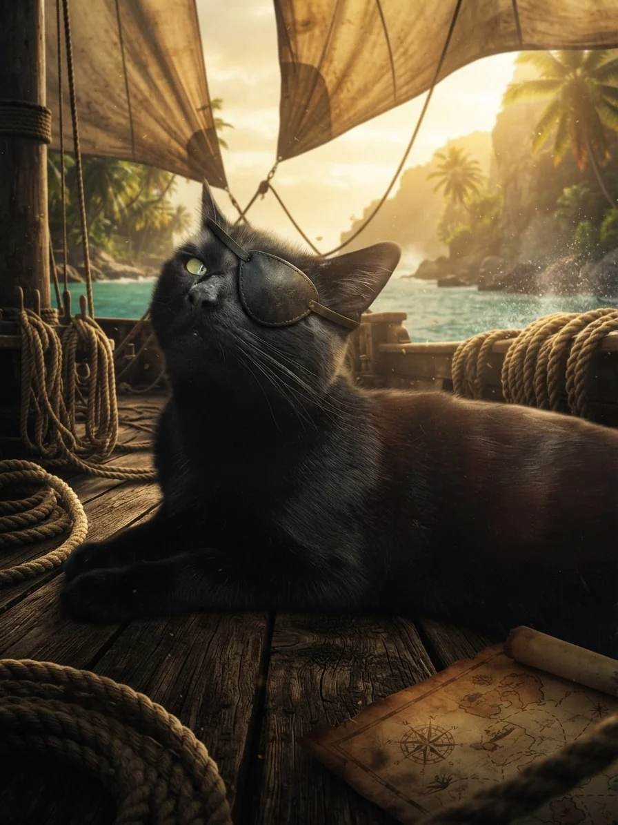 Black cat wearing a pirate eye patch on a sunlit sailing ship