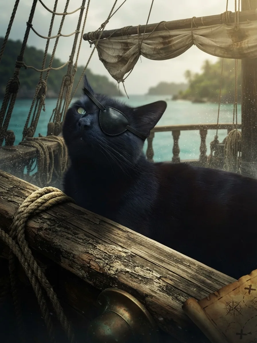 Black cat wearing a pirate eye patch on a sunlit sailing ship