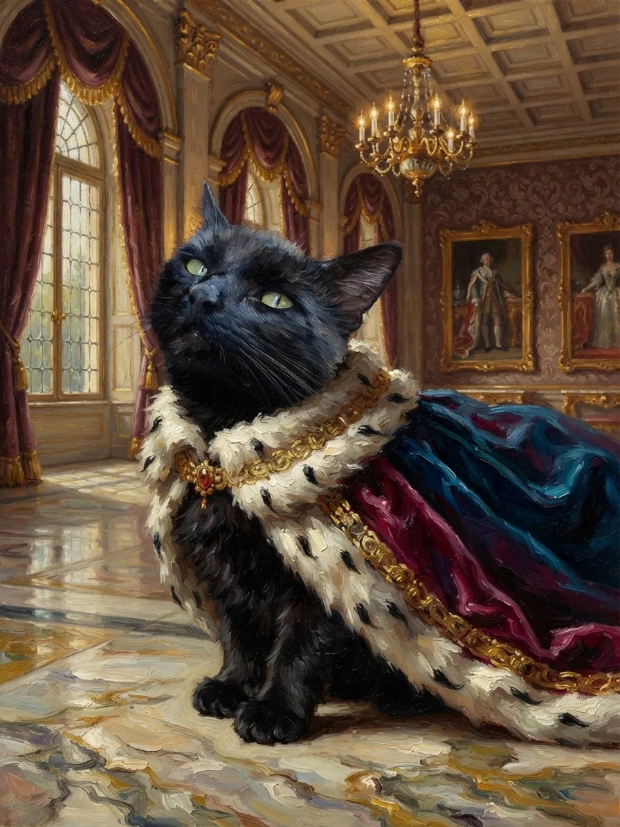 Black cat wearing a velvet royal cape inside an ornate palace