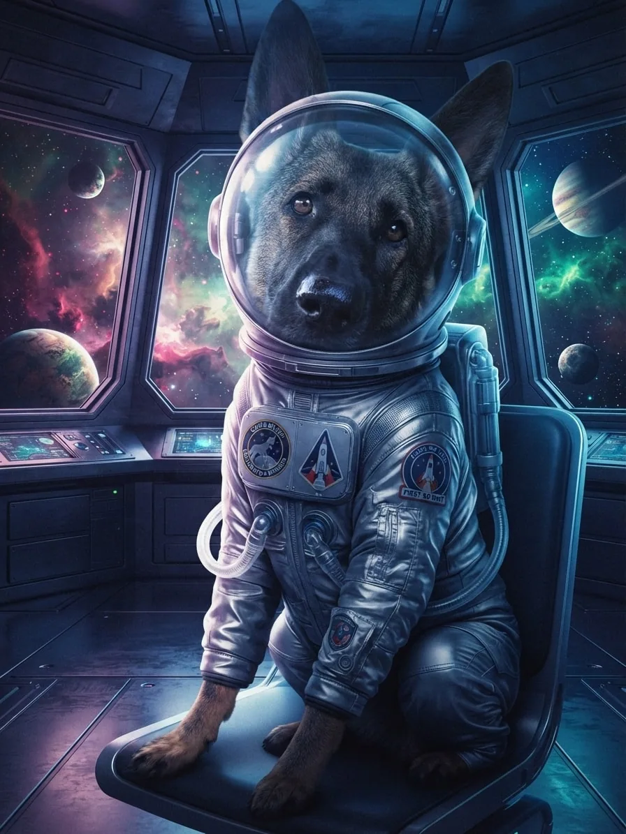 German Shepherd wearing a silver space suit inside a deep-space observation deck