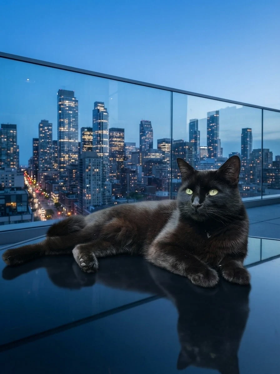 Black cat relaxing on a modern rooftop above a city skyline at blue hour