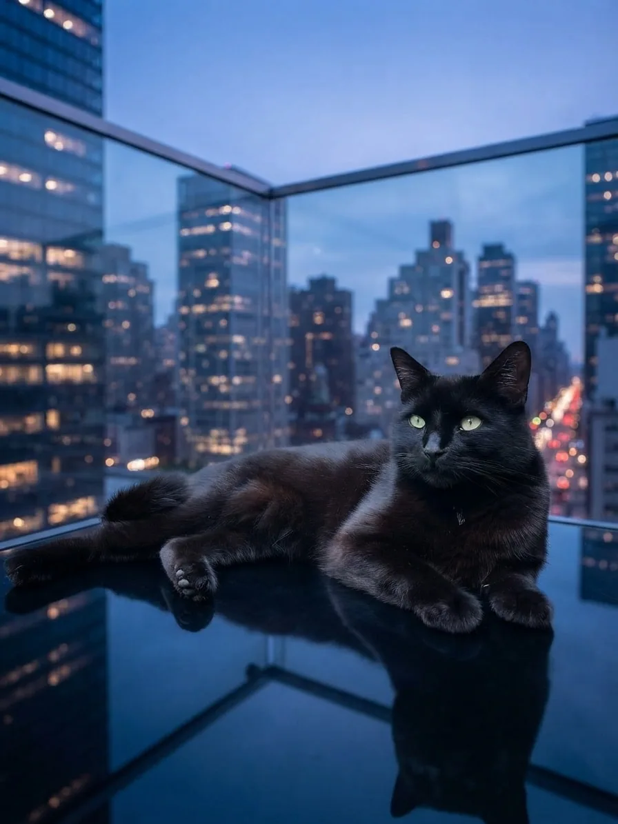 Black cat relaxing on a modern rooftop above a city skyline at blue hour