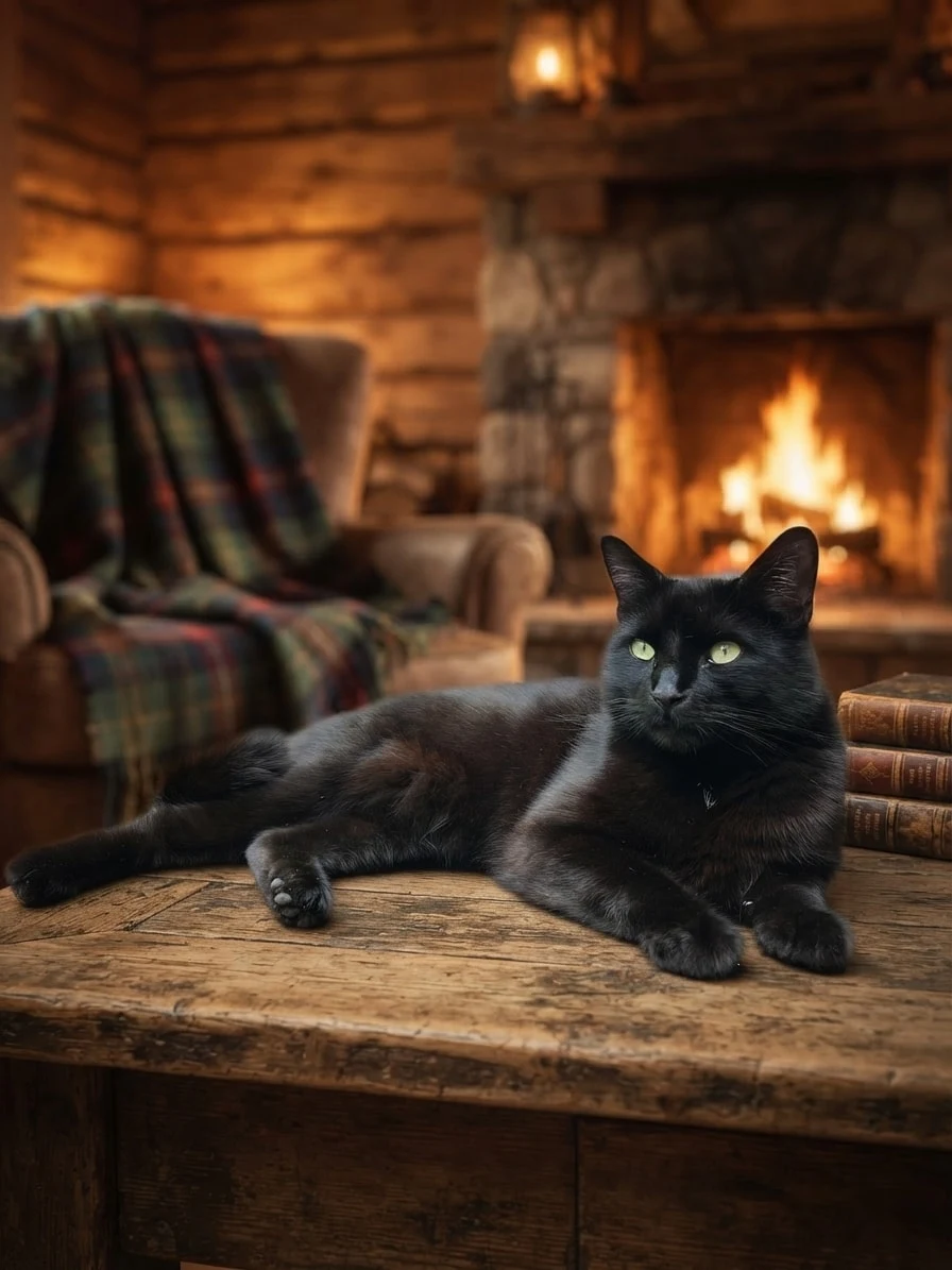 Black cat resting on a wooden table inside a cosy cabin beside a glowing fireplace