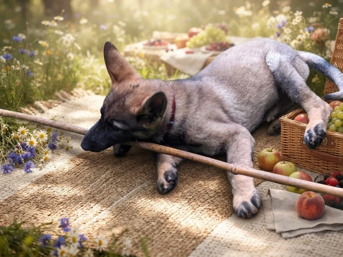 Tan dog lying with a stick on a picnic blanket surrounded by flowers and fruit