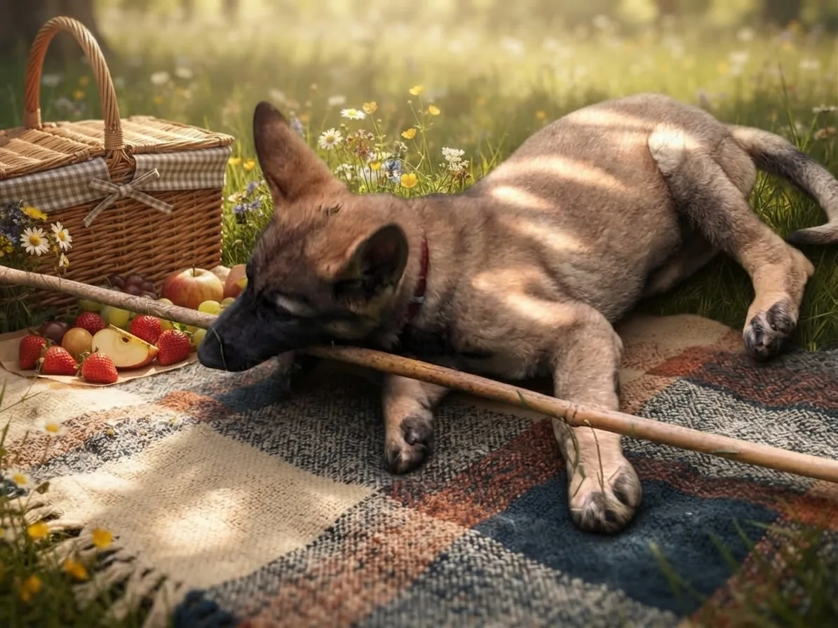 Tan dog lying with a stick on a picnic blanket surrounded by flowers and fruit