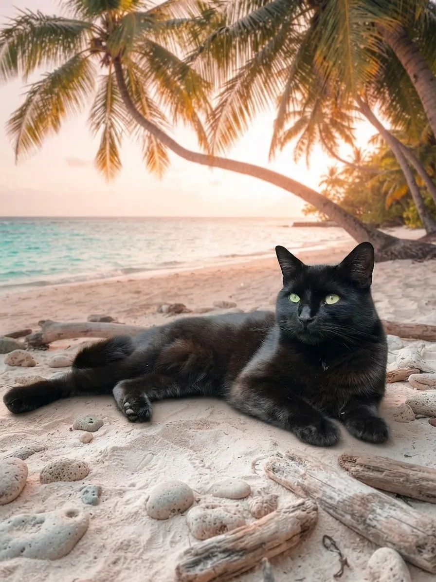 Black cat relaxing on white sand beside a tropical lagoon