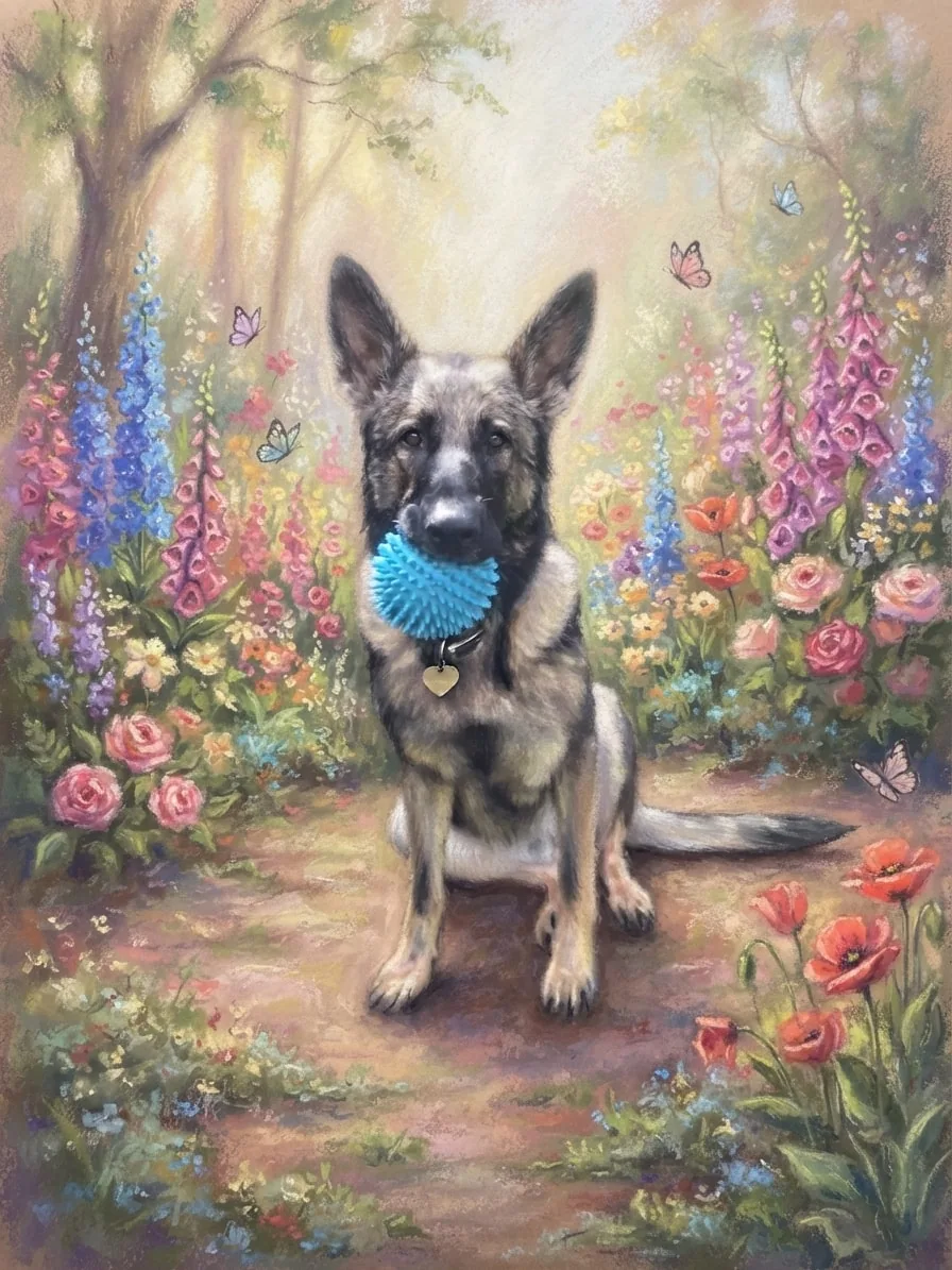 German Shepherd holding a blue ball in a colourful chalk-pastel flower garden