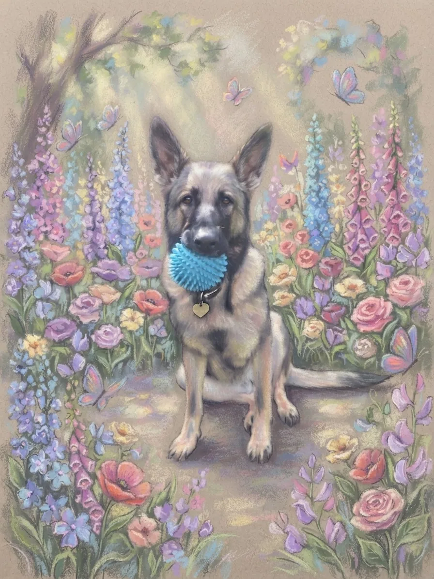 German Shepherd holding a blue ball in a colourful chalk-pastel flower garden