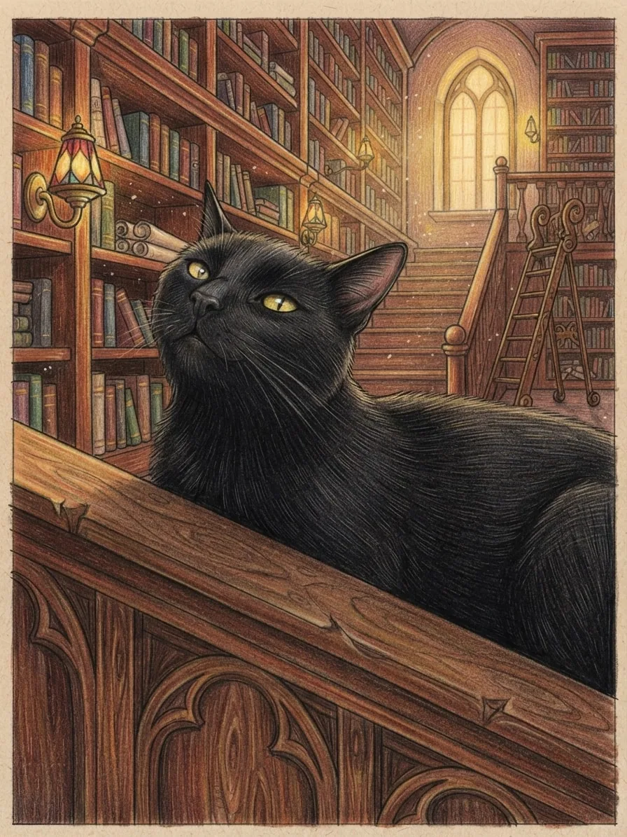 Black cat drawn in coloured pencil inside a warm storybook library