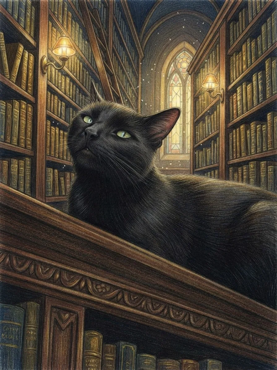 Black cat drawn in coloured pencil inside a warm storybook library