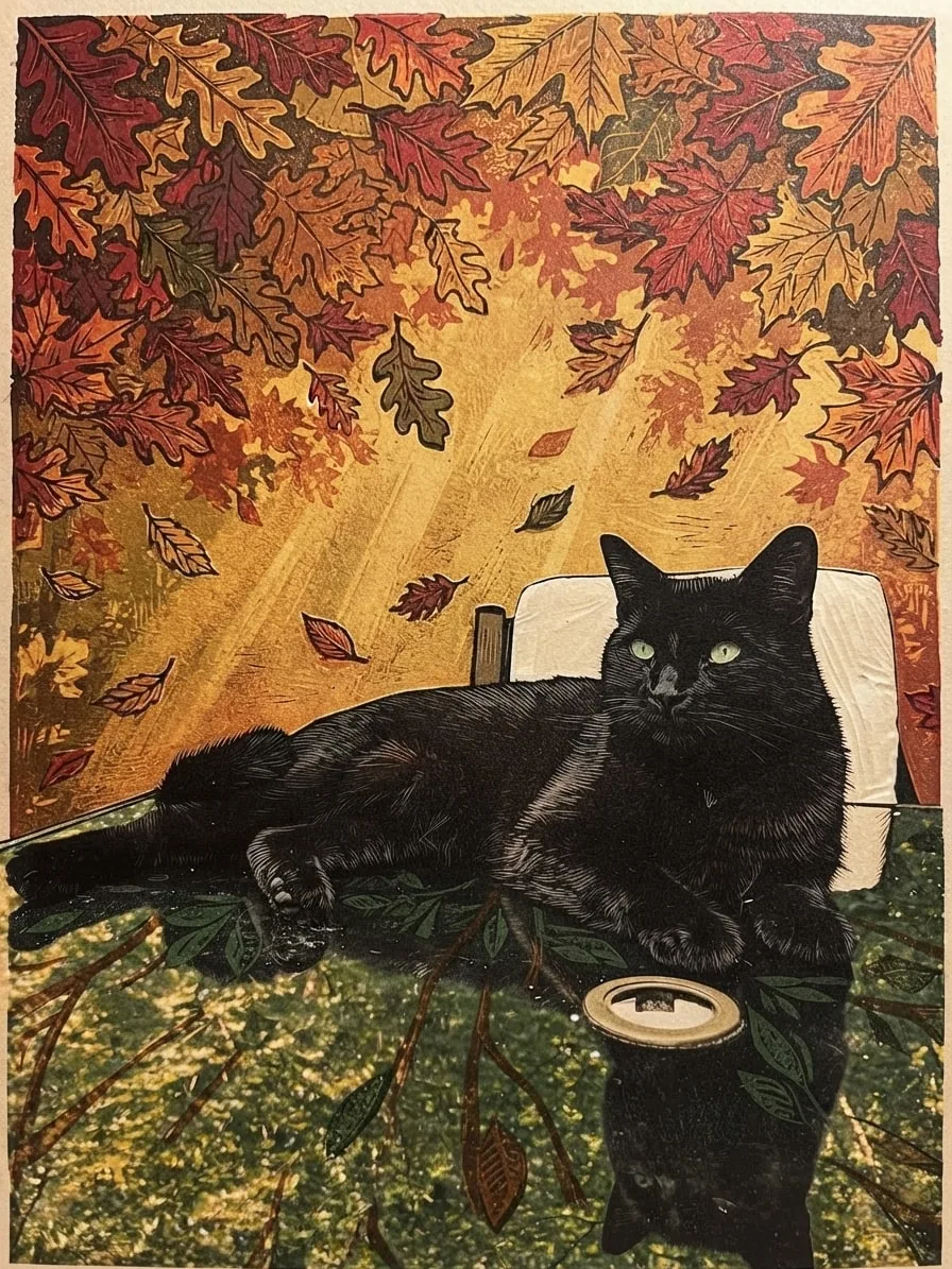 Black cat rendered as a warm linocut print beneath falling autumn leaves