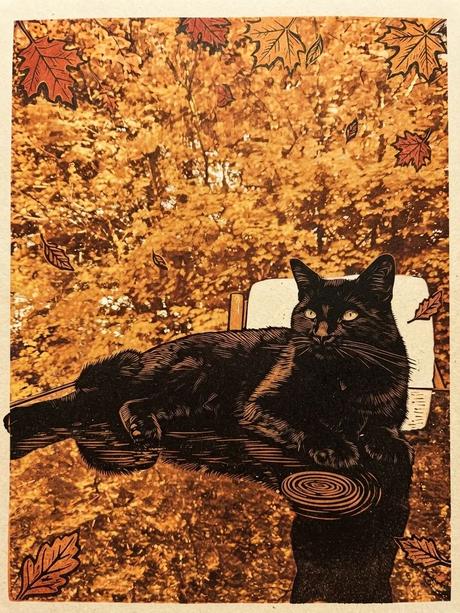 Black cat rendered as a warm linocut print beneath falling autumn leaves