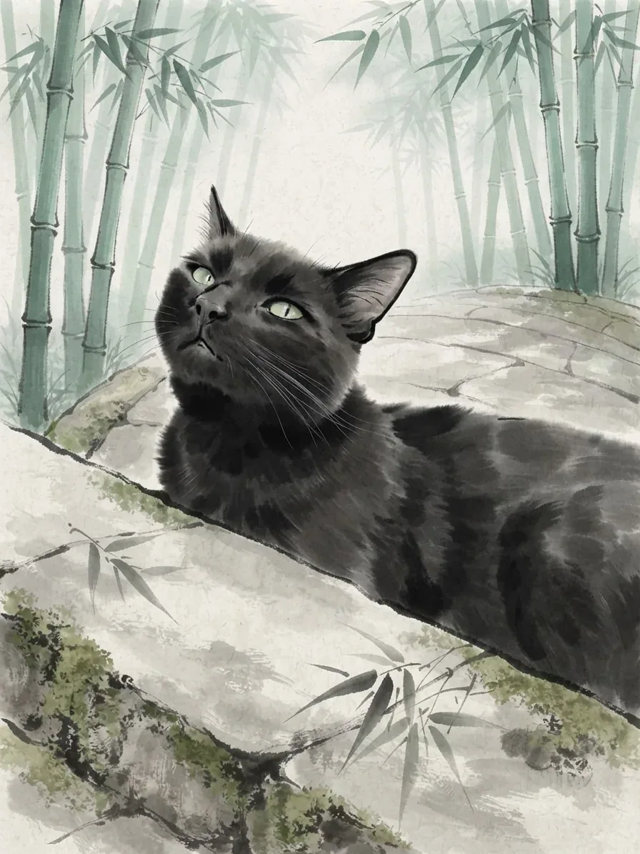 Black cat drawn in expressive Sumi-e ink among bamboo and pale mist