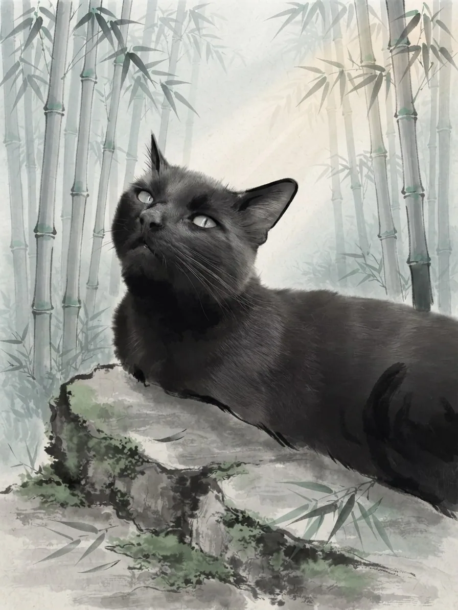 Black cat drawn in expressive Sumi-e ink among bamboo and pale mist