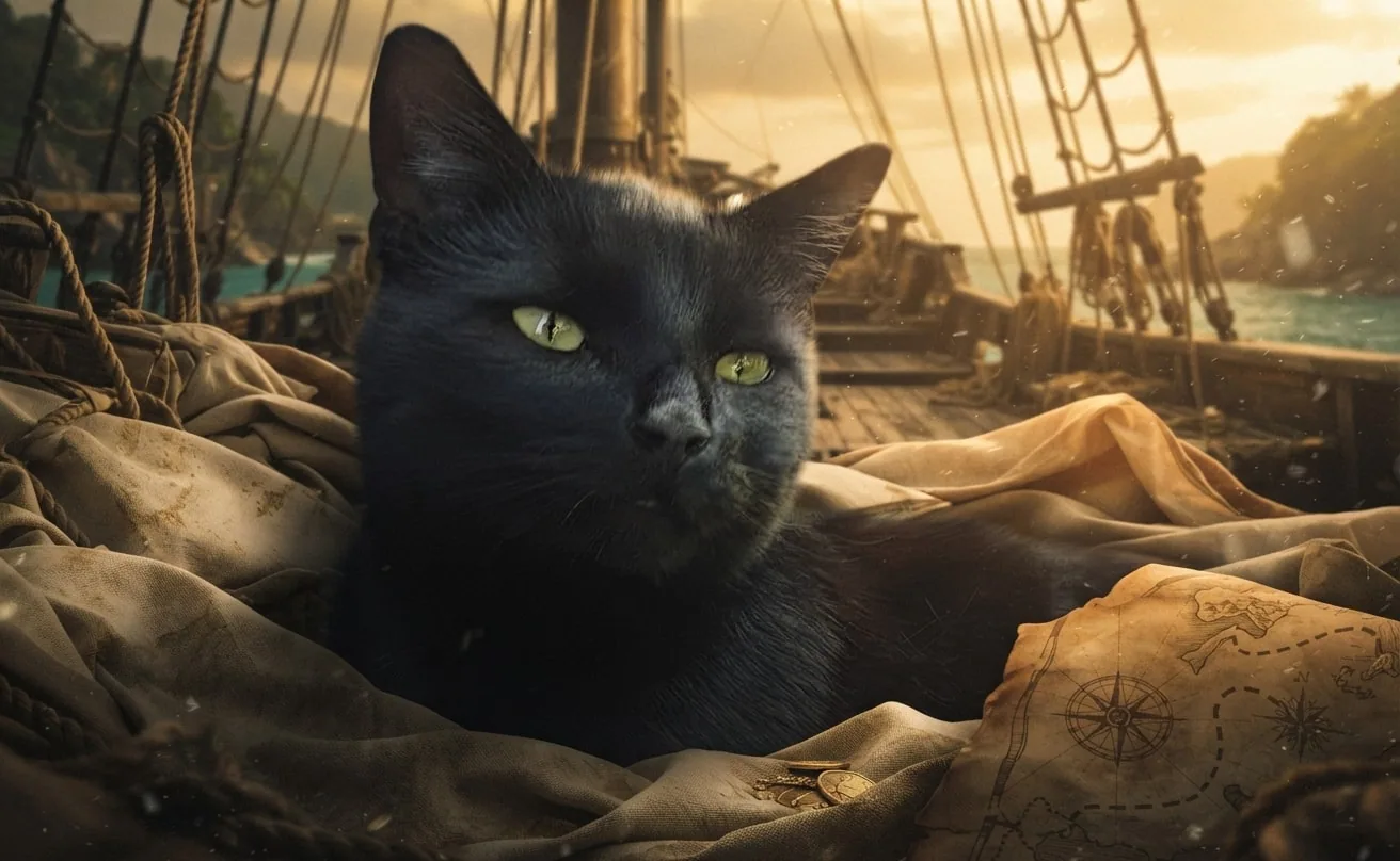 Black cat beside rope and a treasure map aboard a cinematic pirate ship