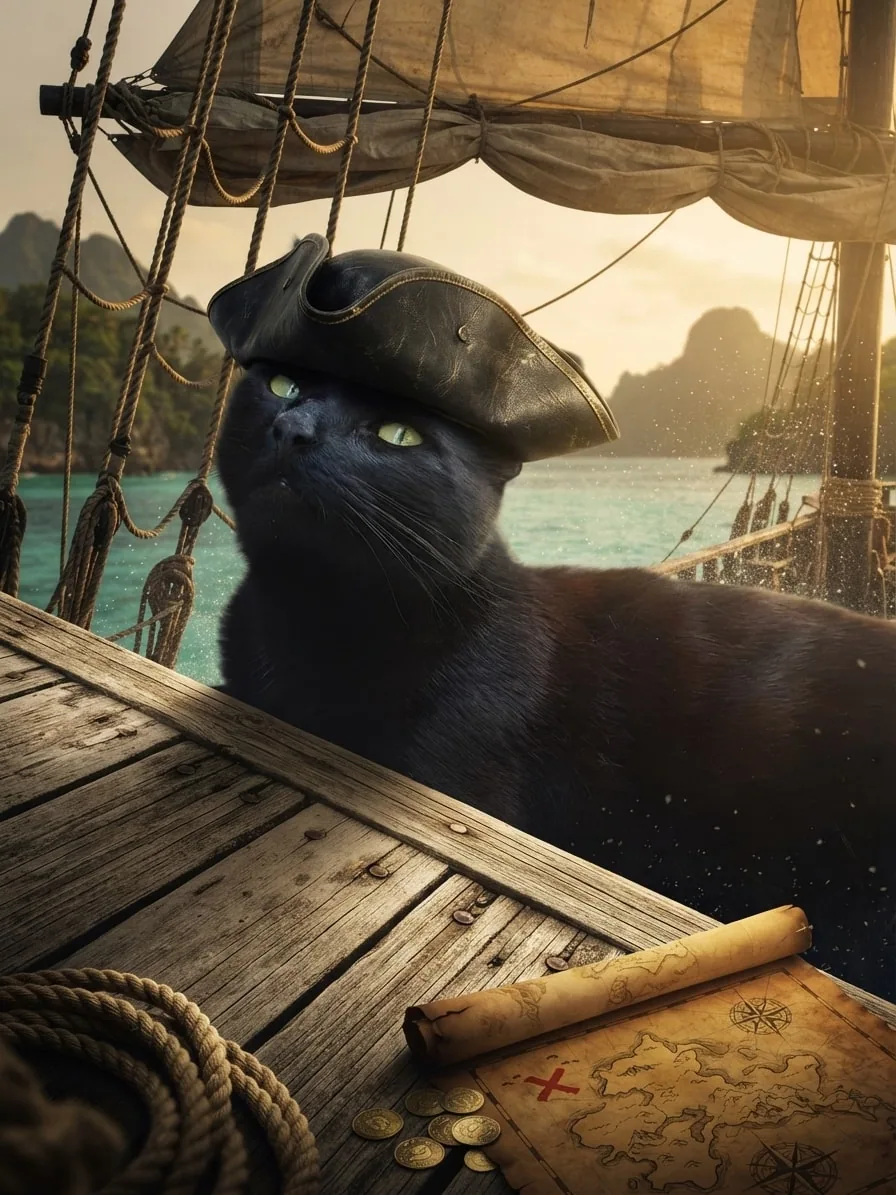 Black cat wearing a weathered pirate Tricorne aboard a ship at sunset