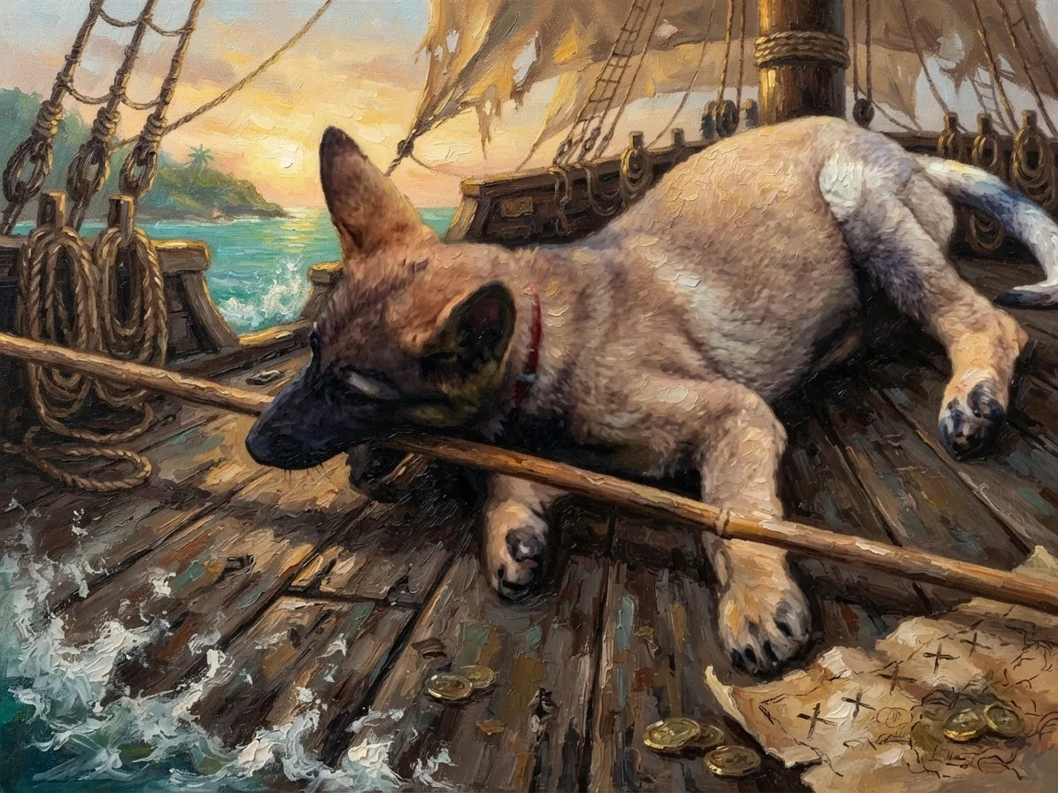Young dog resting beside a treasure map in an oil-painted pirate ship scene