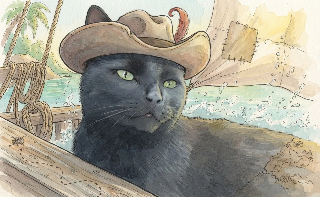Black cat wearing a feathered buccaneer hat on an illustrated storybook pirate ship