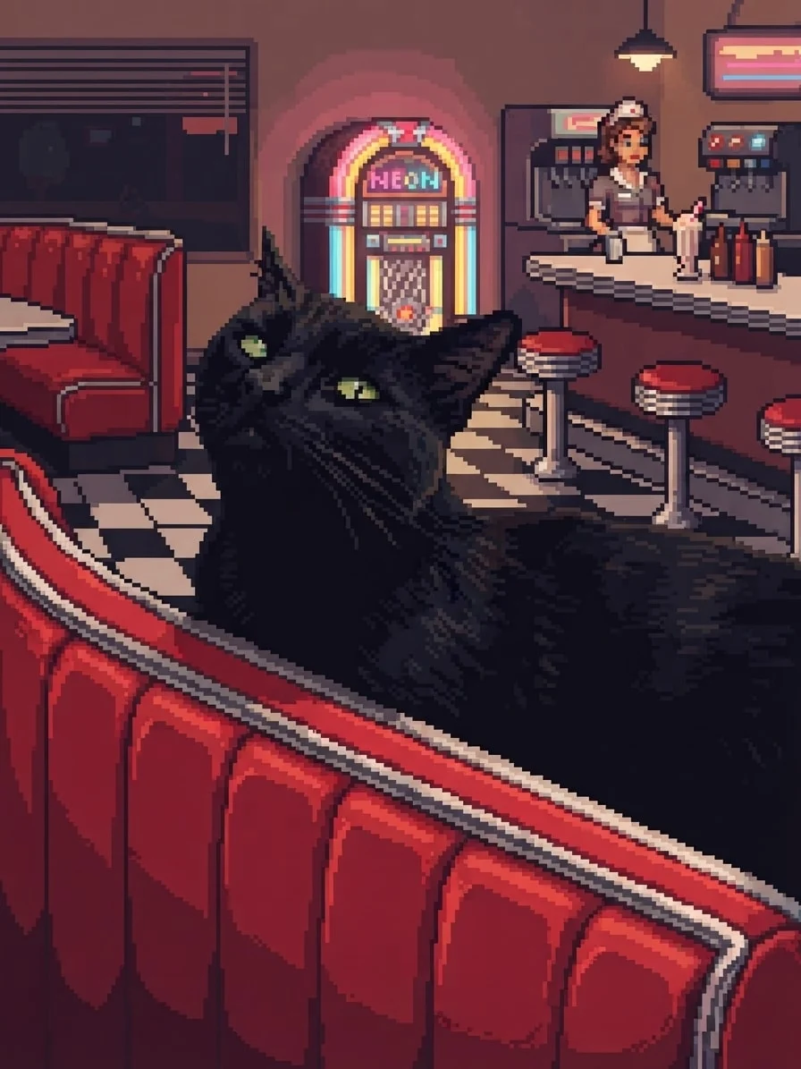 Black cat rendered in 8-bit pixel art inside a retro diner