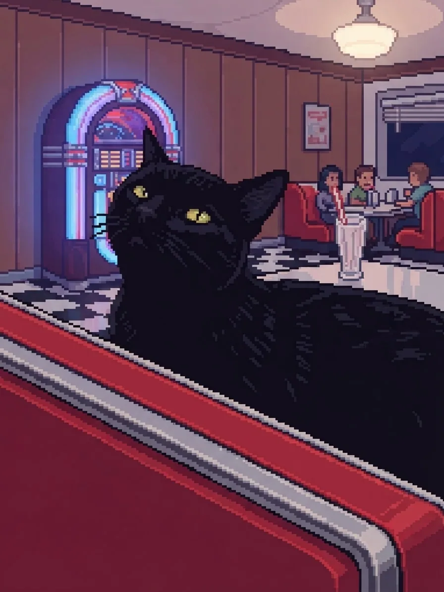 Black cat rendered in 8-bit pixel art inside a retro diner